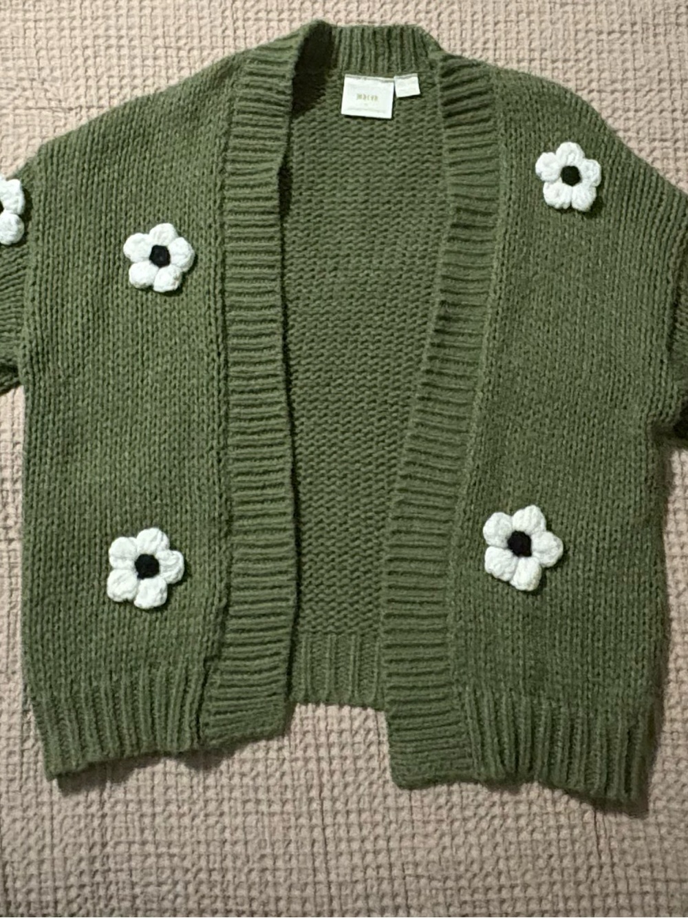 Maeve by Anthropologie Green Chunky Cardigan with White Flower Accents